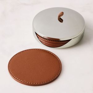 High end leather coasters with natural tone and rustic look designed for classy <b>table</b> decor and drinkware use - Product Image 1