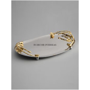 Plateau de service en acier inoxydable, argent, poli miroir, forme ovale, avec poignées design feuilles plaquées or Fournitures pour la maison et l'hôtel - Product Image 1