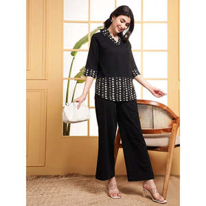 Deebaco Women's Black Cotton Co-Ord Set Polka Dot Panel V Neck <b>Top</b> With Wide Leg Pants Casual Spring Summer Outfits - Product Image 1