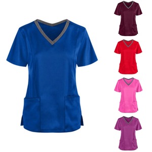 Uniforme d'allaitement pour femmes, été, couleur unie, manches courtes, col en V, chemisier avec poches - Product Image 6