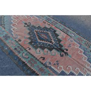 Alfombra Kilim turca Vintage de 4,9x9,9 pies, alfombra de lana tejida plana azul y rosa, patrón de retazos para decoración de sala de estar, respaldo de látex - Product Image 5