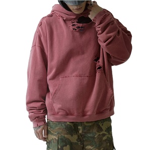 Respirant personnalisé 100% coton lourd Vintage en détresse à capuche pour homme français éponge couleur unie en détresse à capuche - Product Image 4