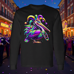 T-shirt promotionnel à manches longues avec perles et motif de pellican coloré du Mardi Gras de la Louisiane - Product Image 3