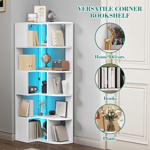 Étagère d'angle moderne <span class=keywords><strong>blanche</strong></span> en gros avec éclairage LED, bibliothèque géométrique haute à 6 niveaux, étagère de présentation gain de place pour bureau à domicile - Product Image 3
