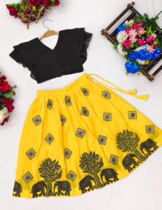 Ensemble Lehenga Choli pour filles Shoryam Fashion, en georgette jaune, longueur au sol, séchage rapide, tenue ethnique festive, imprimé Hathi - Product Image 1