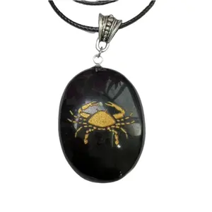 Wholesale Cancer Zodiac Sign Engraved On Black Tourmaline Stone Pendant With Black Cord Gift