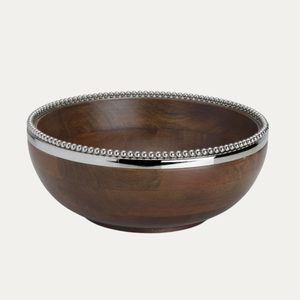 Bol rond en bois fait à la main avec rebord perlé en métal Vaisselle écologique élégante pour plateau de bol de service à dessert de mariage - Product Image 1