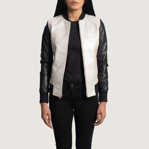 Autumn <b>Sheepskin</b> Bomber <b>Jacket</b> with Stand Collar in Silver Color Woven Fabric - Product Image 1