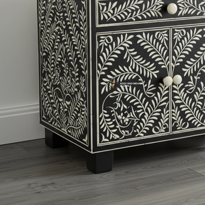 Mesita de Noche Artesanal con Incrustaciones de Hueso Negro, Patrón Floral Intrincado, Mesa Auxiliar de Dos Cajones para Venta al por Mayor - Product Image 3