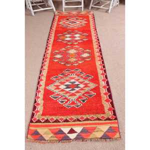 2.8x11 ft Vintage <b>Runner</b> Rug, <b>Red</b> Purple Turkish Patchwork Wool Rug - Product Image 1
