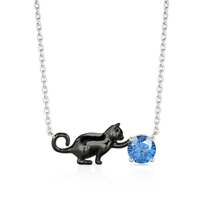 Collier personnalisé Jeulia en forme de chat noir avec pierre de naissance ronde sertie en clos, plaqué rhodium - Product Image 1