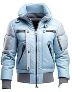 Chaqueta de Cuero Acolchada Azul Hielo para Hombre, Talla Cómoda, Venta Caliente, Fabricada en Fábrica, Logotipo Personalizado para Chaquetas de Cuero para Hombre - Product Image 1
