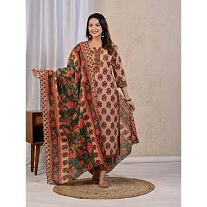 Conjunto de Kurta y Pantalón de Algodón Estampado Butta Block Rosa Beige con Dupatta Mulmul, Ropa Étnica India para Uso Diario y Fiestas, Hecho de Tela de Red - Product Image 4