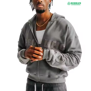 Sweats à capuche zippés personnalisés de 600g, crop fit, poids lourd, coton organique, impression en silicone, patch de broderie en détresse, sweats à capuche à fermeture éclair - Product Image 4