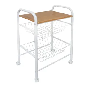 Free Standing WoodenTable Top Metal Wire Basket Stand Rack Trolley Cart Vegetable And Fruit Storage Kitchen Cart Trolley