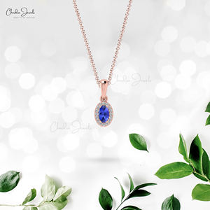 Bijoux haut de gamme 14k or massif coupe ovale 5x3mm Tanzanite pendentif pavé diamant chaîne pendentif pour femmes produits en gros en vrac - Product Image 1