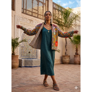 Veste Suzani artisanale réversible en velours gris ardoise, brodée à la main, avec broderie florale en tissu satiné, style Jaipur, pour l'été - Product Image 1