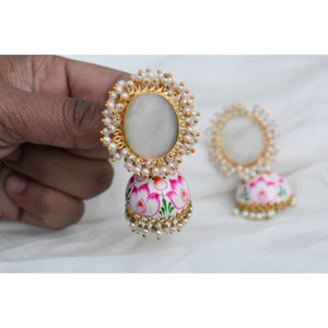 STATEMENT ROUND <b>COLOUR</b> GOLDPLATED DESIGNER HANDPAINTING BIG <b>STONE</b> STUD JHUMKA MATTE FINISHED EARING FOR WOMEN AND GIRLS - Product Image 2