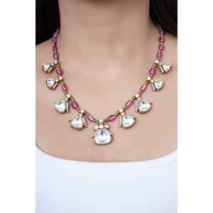 Delicate <b>Pink</b> Stone Kundan Polki <b>Necklace</b> Fashion Jewelry Set - Product Image 6