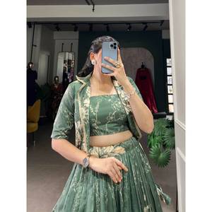 Tussar seda algodón Lehenga blusa Choli estampado Floral Koti cordón pesado borlas Zip costura lienzo hecho a mano indio - Product Image 4