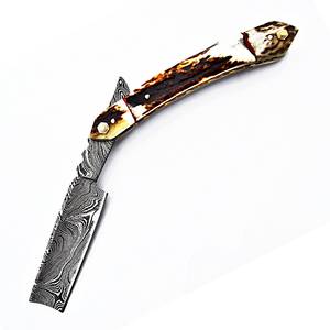 Maquinilla de afeitar de peluquero plegable recta de acero de Damasco personalizable clásica hecha a mano Industrial OEM DIY mango de cuerno Logotipo de Color personalizado - Product Image 2