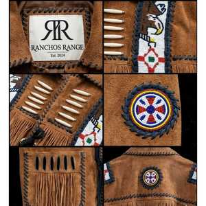 Men's Vintage Cowhide <b>Suede</b> Fringe <b>Leather</b> <b>Jacket</b> with Native Eagle Beadwork Turn-down Collar Autumn Season Hand Embroidery - Product Image 3