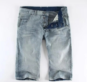 Pantalones cortos de mezclilla de algodón 100% personalizados para hombre primavera otoño Casual Indigo sólido estilo recto botón decoración medio ecológico - Product Image 1