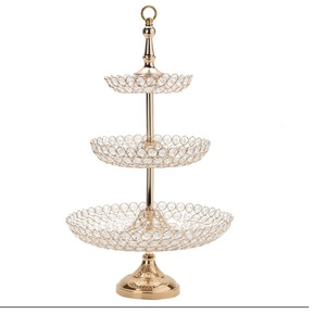 Hand Engraved Decorative Rounded Shape Folding <b>Crystal</b> Beaded 3 Tier Metal Cake Platter <b>Stand</b> In Golden Finish For Home And Used - Product Image 1