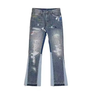 2025 Custom Men's Flared Pants Embroidery Mid-<b>Elastic</b> <b>Waist</b> Flat Front Casual <b>Jeans</b> for Streetwear Workwear-OEM Distressed <b>Jeans</b> - Product Image 1