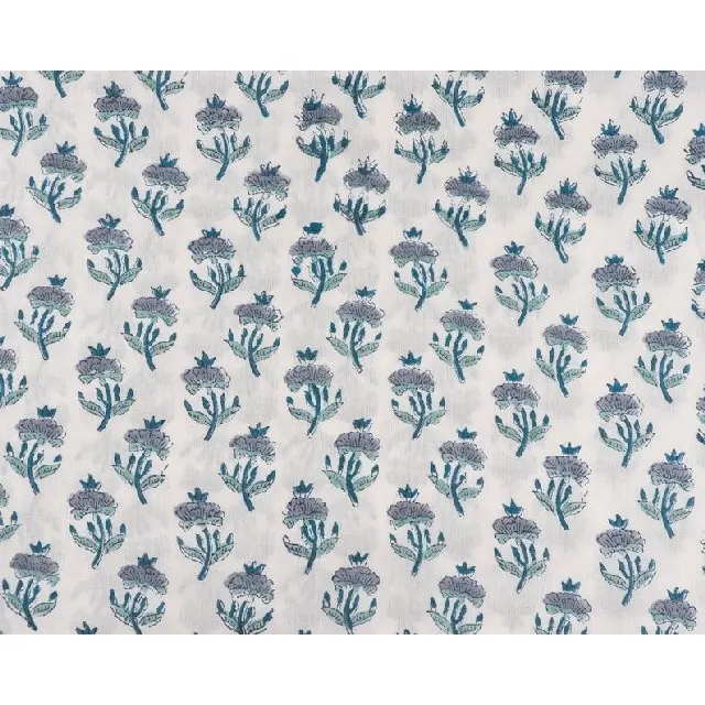 Carolina Teal and Stone Blue Block Print Fabric Cotton Cloth Floral 100 % soft Cotton Fabric Quilting Fabric By The yard