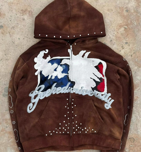 Sweat à capuche pour homme personnalisé du fabricant de haute qualité 400gsm Vintage Acid Wash Sun Faded Zipper Boxy Fit avec strass pour l'automne - Product Image 2