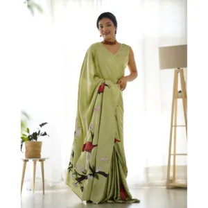 Magnifique sari en satin Banarasi vert Riva avec peinture à la main, léger, doux, pour les fêtes et les mariages indiens, pour femmes - Product Image 2