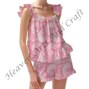 Ensemble de pyjama short en coton fait main imprimé floral pour femmes printemps/été Ensemble de pyjama à bretelles ajustées à volants et à manches - Product Image 5