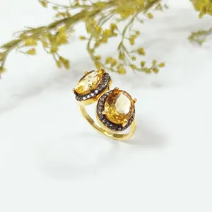 黄水晶锆石宝石925纯银金色朱砂铺路珠宝戒指