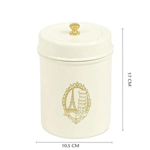 Pot de rangement en métal vert lime sur le thème de Paris avec bouton doré, conteneur cylindrique vintage français, approvisionnement direct par le fabricant - Product Image 4