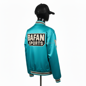 Veste en satin premium pour femmes, turquoise, tissu doux et brillant, avec des patchs sportifs brodés et un logo personnalisé, vestes en satin pour femmes - Product Image 5