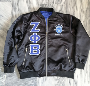 winter Zeta Phi Beta convention Satin bomber jacket sorority greek letters blue gold 100% polyester satin jackets - Product Image 1