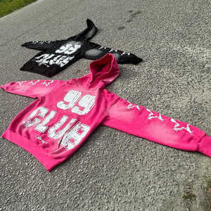 Sudadera con Capucha Personalizada, Bordada, con Efecto Desgastado, de Algodón Grueso para Invierno, Unisex, Talla Grande, Estilo Vintage, con Bolsillo y Pedrería - Product Image 2