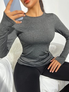 เสื้อยืดแขนยาวผ้าสแปนเด็กซ์แบบเรียบสำหรับผู้หญิงเสื้อยืดผ้าสแปนเด็กซ์เข้ารูปสำหรับออกกำลังกาย - Product Image 4