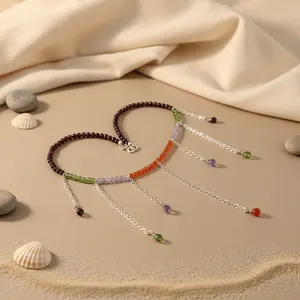 Bracelet de cheville délicat en grenat et pierres précieuses pour femmes, colliers de perles fins - Product Image 2