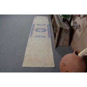 Tapis turc vintage 2.3x10 pieds Beige bleu grande surface laine Latex support motif abstrait pour adolescent couloir rectangulaire Design - Product Image 3