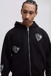 Conjunto Deportivo Holgado Negro con Cremallera, Pantalones Deportivos Extra Anchos con Apliques de Corazones, Talla Grande, Invierno, Transpirable, Impresión Personalizada - Product Image 3