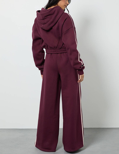 <b>Women</b> Style Striped 2PCS Activewear Outfit New Casual High Elastic Waist Running Training Wear <b>Burgundy</b> Zipper Closure Tracksuit - Product Image 3