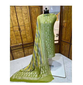 Ensemble Kurti en soie Georgette Banarasi tendance pour femmes, confortable, de qualité supérieure, 3 pièces, non cousu, séchage rapide, protection solaire, quotidien, fête - Product Image 6