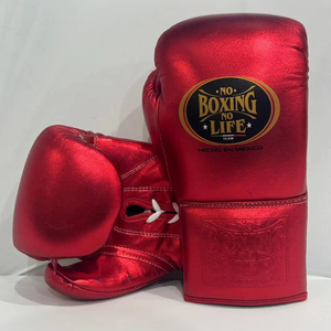Guantes de boxeo con cordones de color rojo metálico sin boxeo sin vida, guantes de entrenamiento y combate de cuero mexicanos hechos a mano profesionales - Product Image 1
