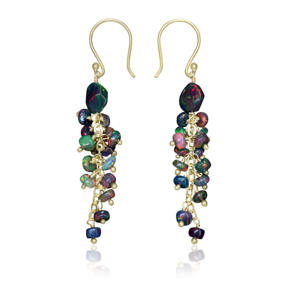 Women's 925 Sterling Silver Yellow <b>Gold</b> <b>Drop</b> <b>Earrings</b> Black Opal Cluster Birthstone Trendy Wedding Anniversary Jewelry Parties - Product Image 1