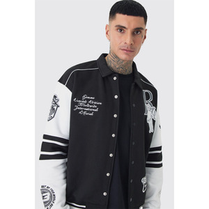 Veste universitaire décontractée en laine 100% coupe ample à ourlet côtelé à bouton unique personnalisée, blanche et noire, pour l'hiver, streetwear, coupe-vent, devant OEM - Product Image 1