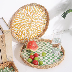 Bandejas tejidas a mano con patrón de mosaico de nácar, bandeja para servir bebidas de desayuno MOP de ratán de primera elección - Product Image 2