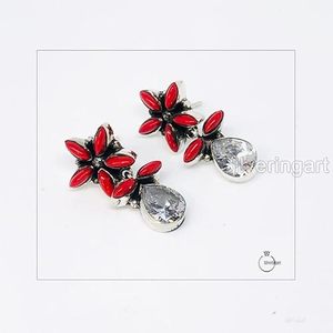 Pendientes de Mujer con Piedra Preciosa de Coral Natural, Piedra de Nacimiento Genuina, Joyería Hecha a Mano para Compromiso, Navidad, Pendientes de Plata de Ley 925 - Product Image 1