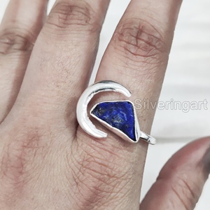 Joyería de piedra en bruto Anillo de mujer Lapislázuli natural Piedra preciosa Piedra DE NACIMIENTO Luna creciente Anillo ajustable Anillo de plata esterlina 925 - Product Image 2